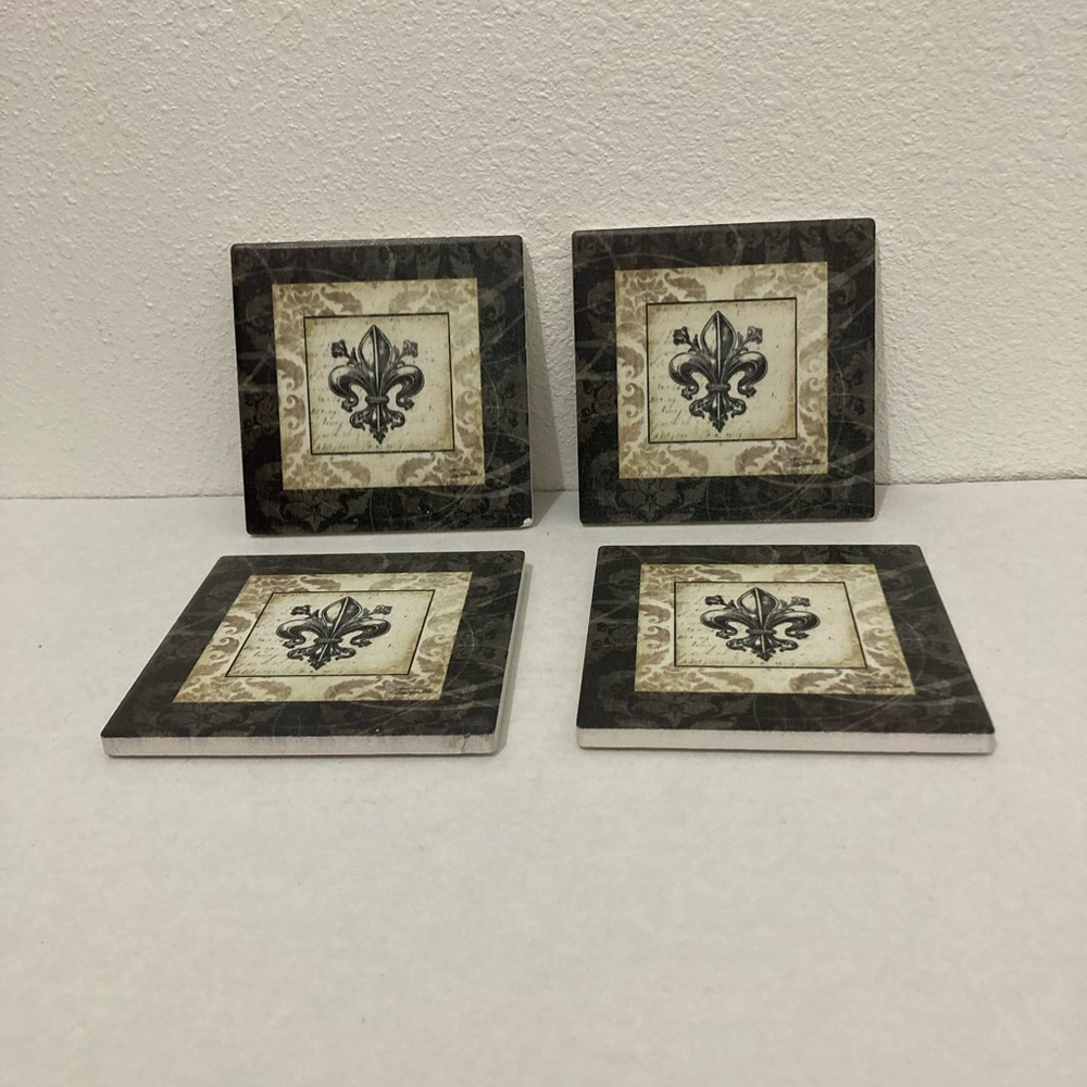 Set of 4 Coasters Fleur De Lis Glass Bar Coasters